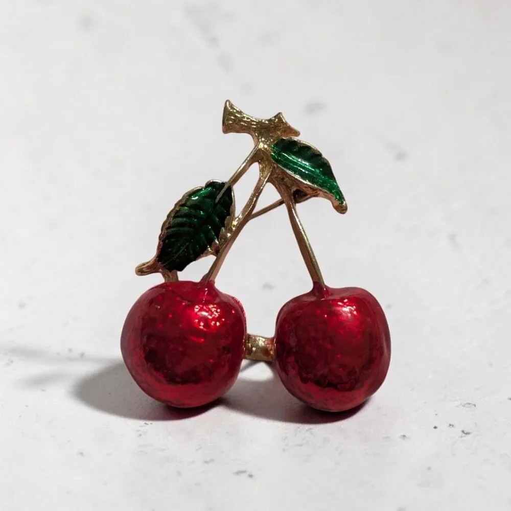 Vintage Cherry Brooch Pin, Red Enamel Fruit Brooch, Gold Tone, Retro Cottagecore